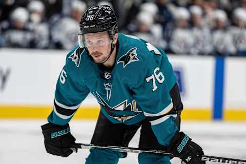 Oct 16, 2021; San Jose, California, USA; San Jose Sharks center Jonathan Dahlen (76) waits for the face-off during the second period against the Winnipeg Jets at SAP Center at San Jose. Mandatory Credit: Neville E. Guard-USA TODAY Sports