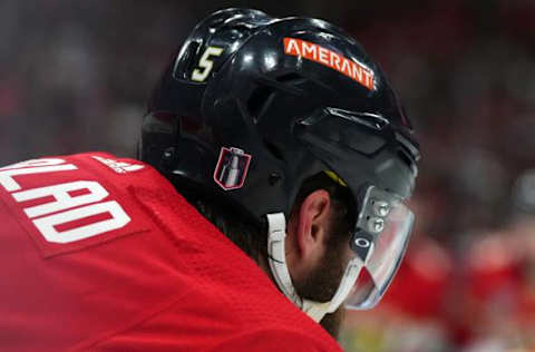 Jun 8, 2023; Sunrise, Florida, USA; A detailed view of the helmet of Florida Panthers defenseman Aaron Ekblad (5) is seen during the first period against the Vegas Golden Knights in game three of the 2023 Stanley Cup Final at FLA Live Arena. Mandatory Credit: Jasen Vinlove-USA TODAY Sports