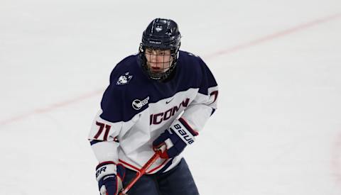 LOWELL, MA – MARCH 11: Matthew Wood #71 of the UConn Huskies skates against the UMass Lowell River Hawks during NCAA men’s hockey at the Toscano Family Ice Forum on March 11, 2023 in Storrs, Connecticut. The River Hawks won 2-1. (Photo by Richard T Gagnon/Getty Images)