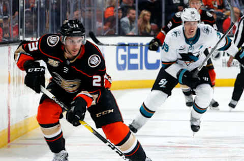 ANAHEIM, CA – OCTOBER 28: Brian Gibbons #23 of the Anaheim Ducks skates with the puck during the game against the San Jose Sharks on October 28, 2018, at Honda Center in Anaheim, California. (Photo by Debora Robinson/NHLI via Getty Images)