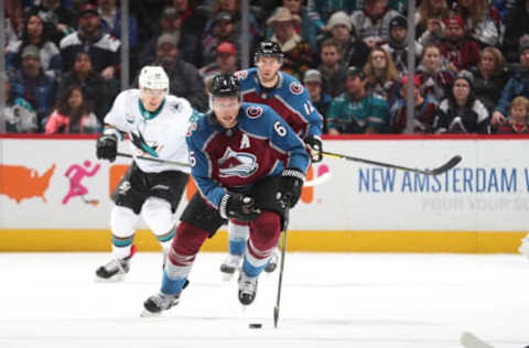 DENVER, CO – JANUARY 2: Erik Johnson #6 of the Colorado Avalanche skates with the puck against the San Jose Sharks at the Pepsi Center on January 2, 2019 in Denver, Colorado. (Photo by Michael Martin/NHLI via Getty Images)”n