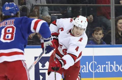 NEW YORK, NEW YORK – NOVEMBER 27: Haydn Fleury #4 of the Carolina Hurricanes skates against the New York Rangers at Madison Square Garden on November 27, 2019 in New York City. The Rangers defeated the Hurricanes 3-2. (Photo by Bruce Bennett/Getty Images)