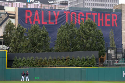 CLEVELAND, OH – OCTOBER 07: A Rally Together banner is hung on the parking structure behind the center field wall during team workouts on an off-day of the American League Divisional Series between the Houston Astros and Cleveland Indians on October 7, 2018, at Progressive Field in Cleveland, OH. (Photo by Frank Jansky/Icon Sportswire via Getty Images)