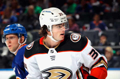 ELMONT, NEW YORK – MARCH 13: Jamie Drysdale #34 of the Anaheim Ducks skates against the New York Islanders at the UBS Arena on March 13, 2022 in Elmont, New York. (Photo by Bruce Bennett/Getty Images)