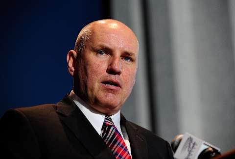 ST. LOUIS, MO – JANUARY 29: Doug Armstrong general manager of the St. Louis Blues talks at Martin Brodeurs retirement press conference at Scottrade Center on January 29, 2015 in St. Louis, Missouri. (Photo by Jeff Curry/Getty Images)