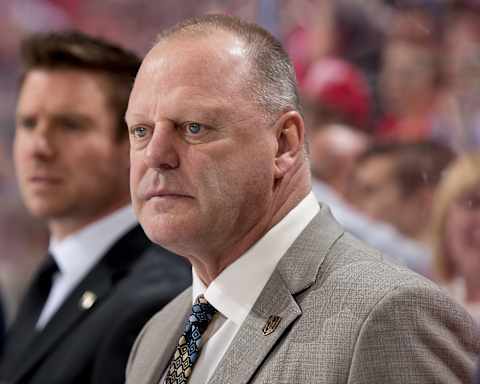 DETROIT, MI – MARCH 08: Head coach Gerard Gallant of the Vegas Golden Knights watches the action from the bench against the Detroit Red Wings during an NHL game at Little Caesars Arena on March 8, 2018 in Detroit, Michigan. The Golden Knights defeated the Wings 4-0. (Photo by Dave Reginek/NHLI via Getty Images)