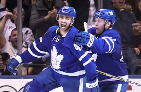 TORONTO, ON – FEBRUARY, 18 In second period action, Toronto Maple Leafs center Nazem Kadri (43, on left) celebrates his goal, with Toronto Maple Leafs defenseman Morgan Rielly (44) the Leafs second.The Toronto Maple Leafs took on the Ottawa Senators in NHL hockey action at the Air Canada Centre (ACC) in Toronto.February 18, 2017 Richard Lautens/Toronto Star (Richard Lautens/Toronto Star via Getty Images)