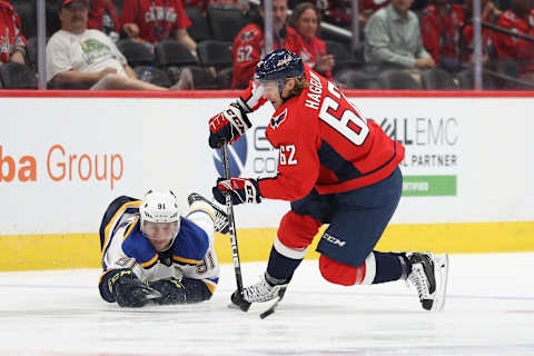 WASHINGTON, DC – SEPTEMBER 18: Carl Hagelin #62 of the Washington Capitals in action against the St. Louis Blues during a preseason NHL game at Capital One Arena on September 18, 2019 in Washington, DC. (Photo by Patrick Smith/Getty Images)