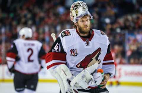 Feb 13, 2017; Calgary, Alberta, CAN; Arizona Coyotes goalie Mike Smith (41) during the first period against the Calgary Flames at Scotiabank Saddledome. Mandatory Credit: Sergei Belski-USA TODAY Sports