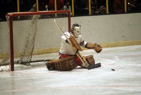 NEW YORK, NY – FEBRUARY, 1972: Goalie Ed Giacomin #1 of the New York Rangers looks to make the save during an NHL game in February, 1972 at the Madison Square Garden in New York, New York. (Photo by Melchior DiGiacomo/Getty Images)