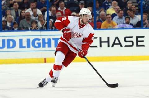 Mar 22, 2016; Tampa, FL, USA; Detroit Red Wings left wing Justin Abdelkader (8) skates with the puck against the Tampa Bay Lightning during the third period at Amalie Arena. Tampa Bay Lightning defeated the Detroit Red Wings 6-2. Mandatory Credit: Kim Klement-USA TODAY Sports