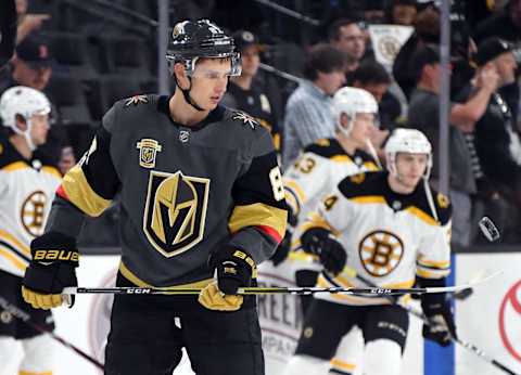 Vadim Shipachyov of the Vegas Golden Knights picks up a puck with his stick during warmups before the team’s game against the Boston Bruins at T-Mobile Arena on October 15, 2017.