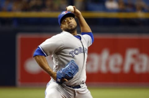 Apr 7, 2017; St. Petersburg, FL, USA; Toronto Blue Jays starting pitcher Francisco Liriano (45) throws a pitch against the Tampa Bay Rays during the first inning at Tropicana Field. Mandatory Credit: Kim Klement-USA TODAY Sports. MLB.