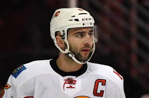 Apr 4, 2017; Anaheim, CA, USA; Calgary Flames defenseman Mark Giordano (5) reacts during a NHL hockey game against the Anaheim Ducks at Honda Center. The Ducks defeated the Flames 3-1. Mandatory Credit: Kirby Lee-USA TODAY Sports