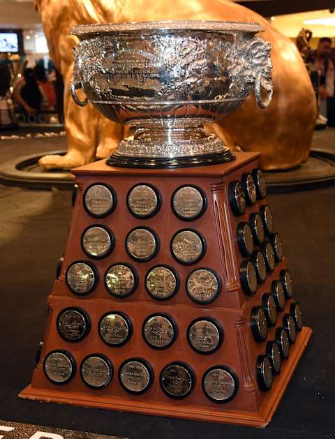 LAS VEGAS, NEVADA – JUNE 16: The Art Ross Trophy is displayed at MGM Grand Hotel & Casino   (Photo by Ethan Miller/Getty Images)