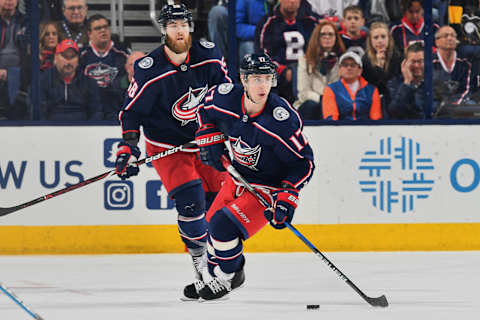 COLUMBUS, OH – APRIL 5: Brandon Dubinsky #17 of the Columbus Blue Jackets skates against the Pittsburgh Penguins on April 5, 2018 at Nationwide Arena in Columbus, Ohio. (Photo by Jamie Sabau/NHLI via Getty Images) *** Local Caption *** Brandon Dubinsky