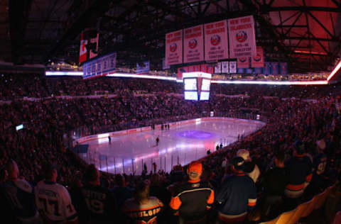 UNIONDALE, NY – APRIL 11: The crowd awaits the start of the game between the New York Islanders and the Columbus Blue Jackets at the Nassau Veterans Memorial Coliseum on April 11, 2015 in Uniondale, New York. This is the last regular season game to be played in the building as it stands now. The team will relocate to the Barclay’s Center in the Brooklyn borough of New York City starting in the 2015-16 season. (Photo by Bruce Bennett/Getty Images)