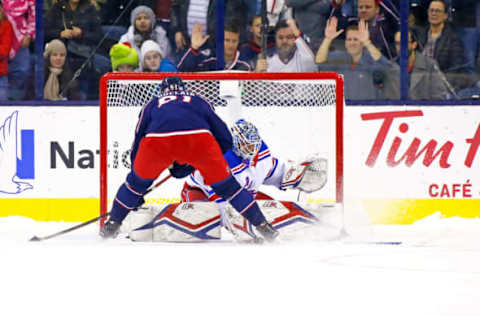 COLUMBUS, OH – NOVEMEBER 10: Alexandar Georgiev #40 of the New York Rangers stops a shot from Anthony Duclair #91 of the Columbus Blue Jackets during the shootout on November 10, 2018 at Nationwide Arena in Columbus, Ohio. New York defeated Columbus 5-4 in a shootout. (Photo by Kirk Irwin/Getty Images)