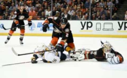 Nashville Predators left wing Pontus Aberg (46) falls to the ice after scoring a goal (Kelvin Kuo-USA TODAY Sports)