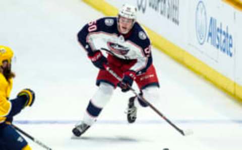 NASHVILLE, TN – APRIL 7: Eric Robinson #50 of the Columbus Blue Jackets skates against the Nashville Predators during an NHL game at Bridgestone Arena on April 7, 2018 in Nashville, Tennessee. (Photo by Ronald C. Modra /NHL/ Getty Images)