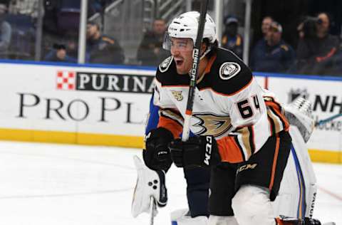 ST. LOUIS, MO – OCTOBER 14: Anaheim Ducks rightwing Kiefer Sherwood (64) reacts after the Ducks score in the third period during an NHL game between the Anaheim Ducks and the St. Louis Blues on October 14, 2018, at Enterprise Center, St. Louis, MO. The Ducks beat the Blues, 3-2. (Photo by Keith Gillett/Icon Sportswire via Getty Images)