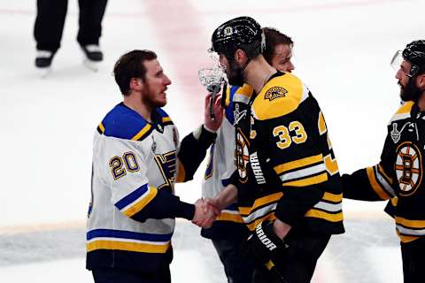 BOSTON, MASSACHUSETTS – JUNE 12: Alexander Steen #20 of the St. Louis Blues shakes hands with Zdeno Chara #33 of the Boston Bruins after Game Seven of the 2019 NHL Stanley Cup Final at TD Garden on June 12, 2019 in Boston, Massachusetts. (Photo by Adam Glanzman/Getty Images)