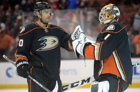 November 6, 2016; Anaheim, CA, USA; Anaheim Ducks center Antoine Vermette (50) and goalie Jonathan Bernier (1) celebrate the 4-1 victory against the Calgary Flames at Honda Center. Mandatory Credit: Gary A. Vasquez-USA TODAY Sports