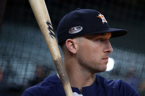 HOUSTON, TX – OCTOBER 18: Allex Bregman #2 of the Houston Astros looks on during batting practice prior to Game 5 of the ALCS against the Boston Red Sox at Minute Maid Park on Thursday, October 18, 2018 in Houston, Texas. (Photo by Lorren Elliott/MLB Photos via Getty Images)