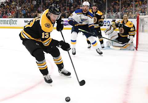 BOSTON, MASSACHUSETTS – JUNE 12: Charlie Coyle #13 of the Boston Bruins plays the puck on his backhand during the second period of the 2019 NHL Stanley Cup Final at TD Garden on June 12, 2019 in Boston, Massachusetts. (Photo by Dave Sandford/NHLI via Getty Images)