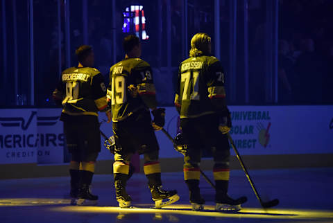 LAS VEGAS, NV – APRIL 04: The Vegas Golden Knights stand at attention during the national anthem prior to a game against the Arizona Coyotes at T-Mobile Arena on April 4, 2019 in Las Vegas, Nevada. (Photo by David Becker/NHLI via Getty Images)