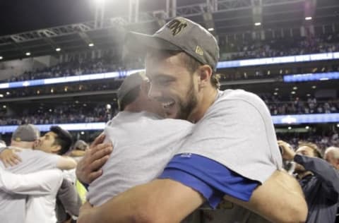 Nov 2, 2016; Cleveland, OH, USA; Chicago Cubs third baseman Kris Bryant (17) celebrates on the field after defeating the Cleveland Indians in game seven of the 2016 World Series at Progressive Field. Mandatory Credit: Charles LeClaire-USA TODAY Sports