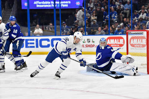 TAMPA, FL – DECEMBER 13: Toronto Maple Leafs center Patrick Marleau (12) has his backhand shot saved by Tampa Bay Lightning goalie Andrei Vasilevsky (88) during the third period of an NHL game between the Toronto Maple Leafs and the Tampa Bay Lightning on December 13, 2018, at Amalie Arena in Tampa, FL. (Photo by Roy K. Miller/Icon Sportswire via Getty Images)