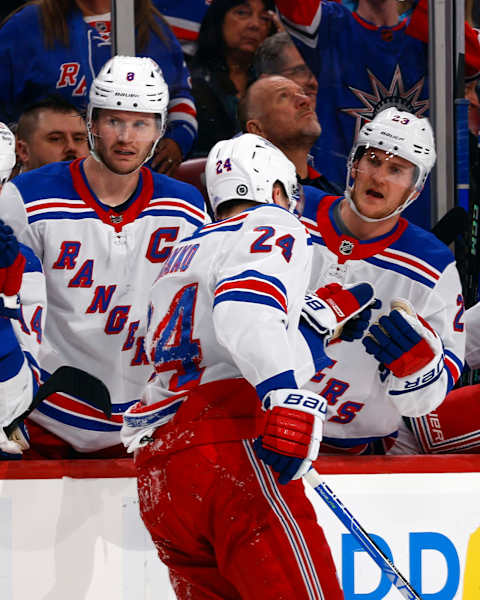 SUNRISE, FL – MARCH 25: Teammates congratulate Kaapo Kakko #24 of the New York Rangers after he scored a second-period goal against the Florida Panthers at the FLA Live Arena on March 25, 2023, in Sunrise, Florida. (Photo by Joel Auerbach/Getty Images)