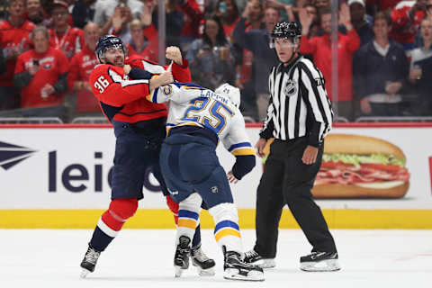 WASHINGTON, DC – SEPTEMBER 18: Connor Hobbs #36 of the Washington Capitals and Nick Lappin #25 of the St. Louis Blues fight during a preseason NHL game at Capital One Arena on September 18, 2019 in Washington, DC. (Photo by Patrick Smith/Getty Images)