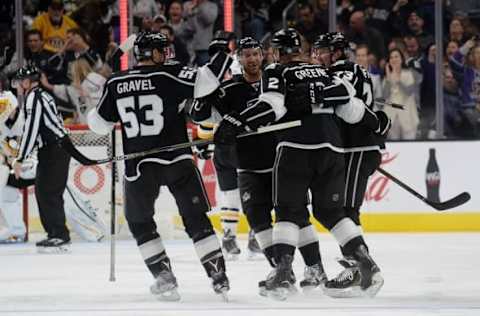 November 3, 2016; Los Angeles, CA, USA; Los Angeles Kings celebrate the goal scored by defenseman Matt Greene (2) against the Pittsburgh Penguins during the third period at Staples Center. Mandatory Credit: Gary A. Vasquez-USA TODAY Sports