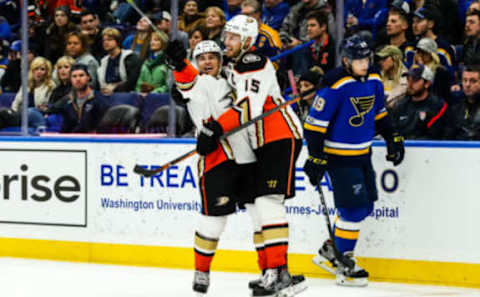 ST. LOUIS, MO – DECEMBER 14: Anaheim Ducks’ Kevin Roy, left, is congratulated by Anaheim Ducks’ Ryan Getzlaf after scoring a goal during the third period. (Photo by Tim Spyers/Icon Sportswire via Getty Images)