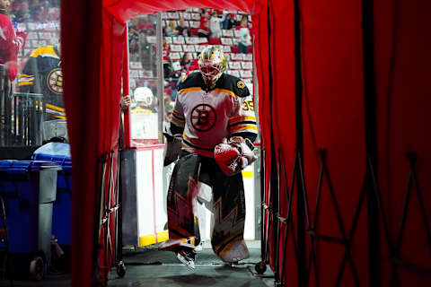 May 2, 2022; Raleigh, North Carolina, USA; Boston Bruins goaltender Linus Ullmark (35) comes off the ice against the Carolina Hurricanes before the game in game one of the first round of the 2022 Stanley Cup Playoffs at PNC Arena. Mandatory Credit: James Guillory-USA TODAY Sports