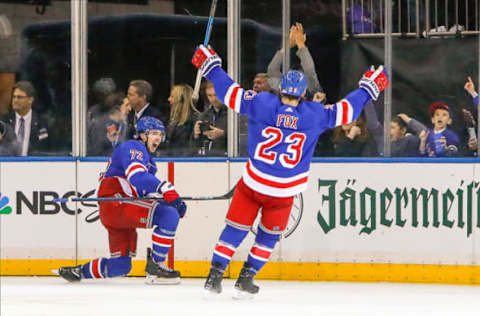 NEW YORK, NY – OCTOBER 29: New York Rangers center Filip Chytil (72) celebrates goal as New York Rangers defenseman Adam Fox (23) congratulates him during the Tampa Bay Lightning and New York Rangers NHL game on October 29, 2019, at Madison Square Garden in New York, NY. (Photo by John Crouch/Icon Sportswire via Getty Images)