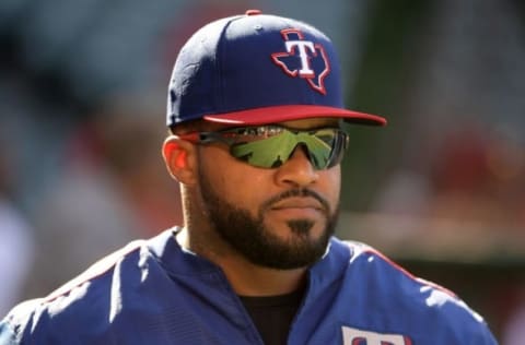 Jul 18, 2016; Anaheim, CA, USA; Texas Rangers designated hitter Priince Fielder (84) during a MLB game against the Los Angeles Angels at Angel Stadium of Anaheim. Mandatory Credit: Kirby Lee-USA TODAY Sports