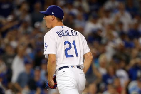 LOS ANGELES, CA – OCTOBER 26: Walker Buehler #21 of the Los Angeles Dodgers reacts to striking out J.D. Martinez #28 of the Boston Red Sox to end the top of the fourth inning during Game 3 of the 2018 World Series against the Boston Red Sox at Dodger Stadium on Friday, October 26, 2018 in Los Angeles, California. (Photo by Alex Trautwig/MLB Photos via Getty Images)