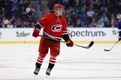 TAMPA, FL – SEPTEMBER 18: Carolina Hurricanes center Aleksi Saarela (15) skates in the second period of the NHL preseason game between the Carolina Hurricanes and Tampa Bay Lightning on September 18, 2018, at Amalie Arena in Tampa, FL. (Photo by Mark LoMoglio/Icon Sportswire via Getty Images)