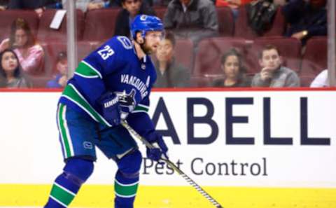 VANCOUVER, BC – MARCH 20: Alexander Edler #23 of the Vancouver Canucks skates up ice during their NHL game against the Ottawa Senators at Rogers Arena March 20, 2019 in Vancouver, British Columbia, Canada. (Photo by Jeff Vinnick/NHLI via Getty Images)”n