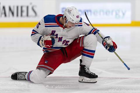 Jan 13, 2022; San Jose, California, USA; New York Rangers defenseman Braden Schneider (45) reacts after scoring a goal during the third period against the San Jose Sharks at SAP Center at San Jose. Mandatory Credit: Stan Szeto-USA TODAY Sports