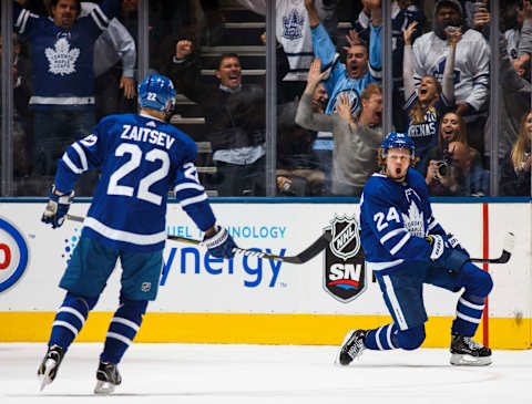 TORONTO, ON – OCTOBER 27:Kasperi Kapanen #24 of the Toronto Maple Leafs celebrates his goal with teammate Nikita Zaitsev #22 during the third period against the Winnipeg Jets at the Scotiabank Arena on October 27, 2018 in Toronto, Ontario, Canada. (Photo by Kevin Sousa/NHLI via Getty Images)