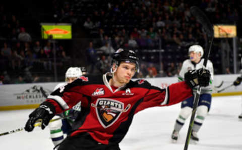 KENT, WASHINGTON – MARCH 30: Bowen Byram #44 of the Vancouver Giants celebrates after scoring against the Seattle Thunderbirds during the first period at the accesso ShoWare Center on March 30, 2019 in Kent, Washington. (Photo by Alika Jenner/Getty Images)