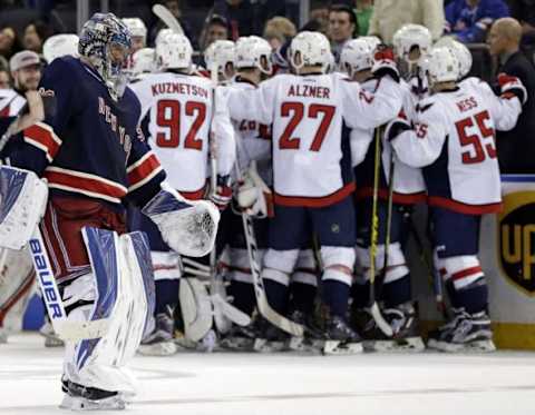 Jan 9, 2016; New York, NY, USA; New York Rangers goalie Henrik Lundqvist (30) skate off after giving up the game winning goal to Washington Capitals left wing Alex Ovechkin (8) during overtime of an NHL hockey game at Madison Square Garden. The Capitals defeated the Rangers 4-3 in overtime. Mandatory Credit: Adam Hunger-USA TODAY Sports