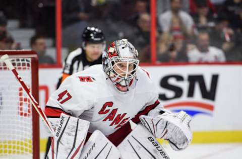 OTTAWA, ON – NOVEMBER 09: Carolina Hurricanes Goalie James Reimer (47) looks on during the second period of the NHL game between the Ottawa Senators and the Carolina hurricanes on Nov. 9, 2019 at the Canadian Tire Centre in Ottawa, Ontario, Canada. (Photo by Steven Kingsman/Icon Sportswire via Getty Images)