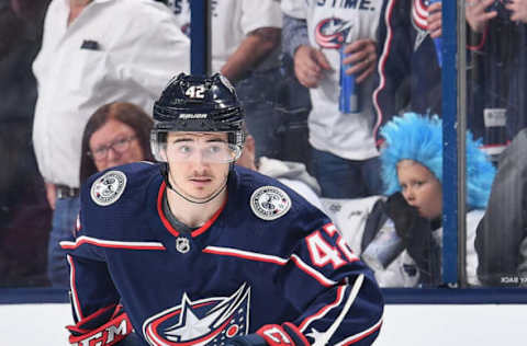 COLUMBUS, OH – MAY 6: Alexandre Texier #42 of the Columbus Blue Jackets skates against the Boston Bruins in Game Six of the Eastern Conference Second Round during the 2019 NHL Stanley Cup Playoffs on May 6, 2019 at Nationwide Arena in Columbus, Ohio. (Photo by Jamie Sabau/NHLI via Getty Images)