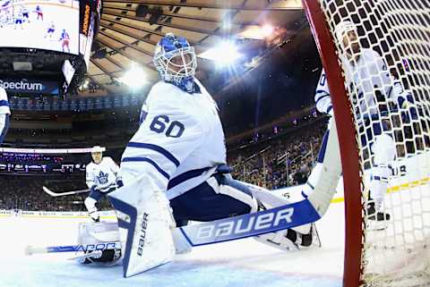 Joseph Woll #60 of the Toronto Maple Leafs makes the save against the New York Rangers at Madison Square Garden on April 13, 2023 in New York City. (Photo by Bruce Bennett/Getty Images)