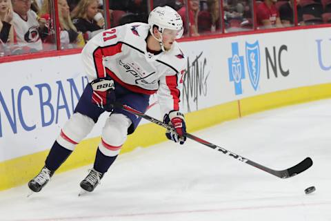 RALEIGH, NC – SEPTEMBER 21: Washington Capitals defenseman Lucas Johansen (21) during the 1st period of the preseason Carolina Hurricanes game versus the Washington Capitals on September 21, 2018 at PNC Arena in Raleigh, NC. (Photo by Jaylynn Nash/Icon Sportswire via Getty Images)